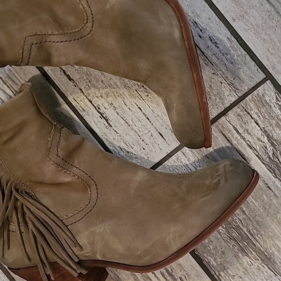 Sam Edelman Louis Louie Taupe Green Suede Leather Fringe Ankle Boots 10 Western - Picture 3 of 14